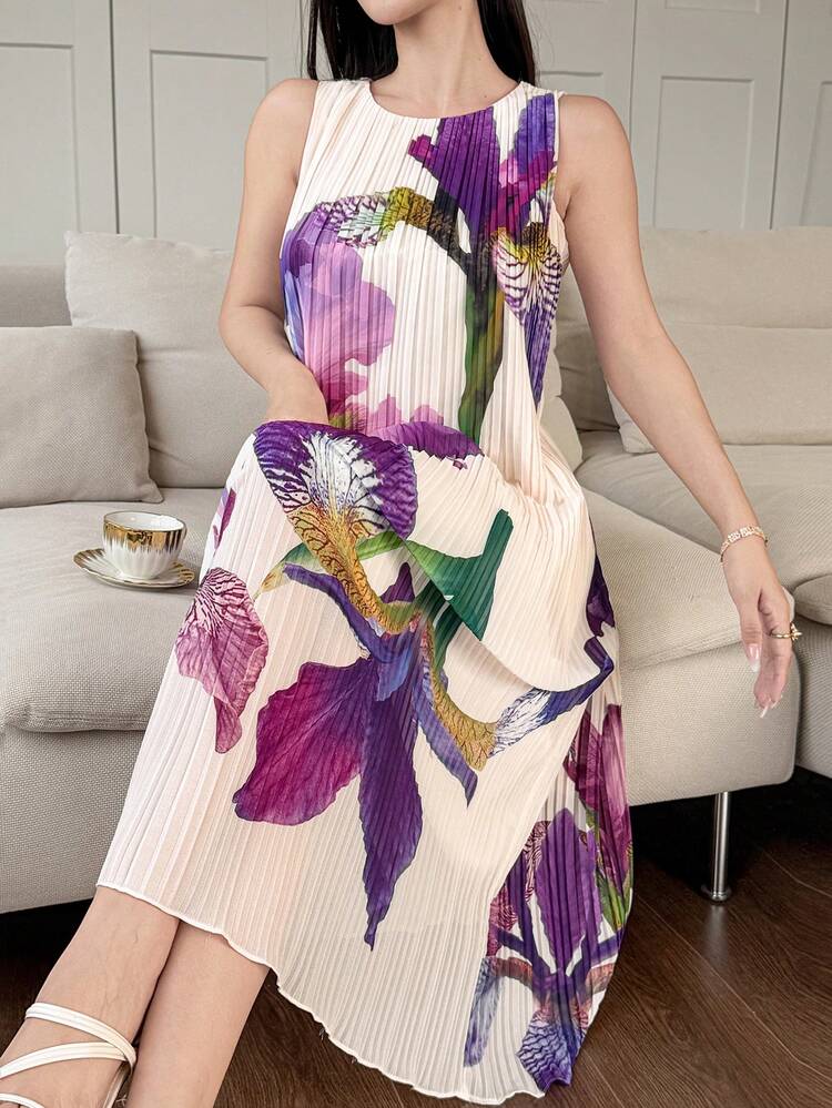 Women's Elegant Floral Pleated Sleeveless Straight Midi Dress, Summer Wedding Guest Dress Sundress