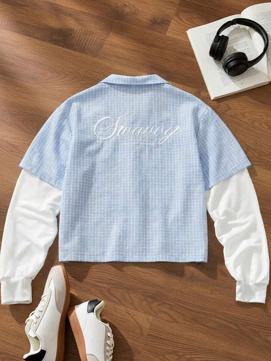 SWAVVY Men's Letter Embroidery Plaid Patchwork 2 In 1 Shirt Light Blue And White Shirt Cropped Graphic Shirt - Blue - View 1