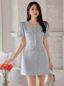 DAZY 女士优雅假口袋夏季迷你连衣裙婚礼宾客礼服 - 藍色 - 查看 5