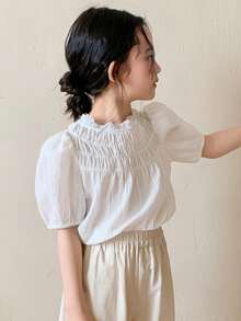 DAZY Young Girls Lace Patchwork Loose Puff Sleeve Blouse, Korean Style - White - View 7