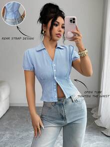 SHEIN Elenzya Women's Front Button Fitted Striped Puff Sleeve Blouse - Blue - View 4