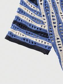 ROMWE MEN Street Life Men's Summer Casual Contrast Stripe Hollow Out Knit Top - Blue - View 4