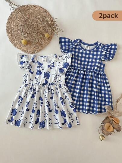 SHEIN 2件装新生女婴荷叶边信封领露肩碎花格纹印花收腰休闲连衣裙，适合夏季外出、旅行和拍照。