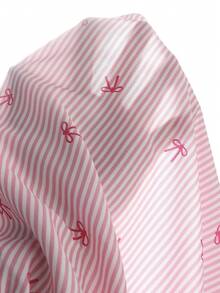 Short Sleeve Teenage Girls' Multicolor Striped Fuchsia Bow Decor Top With Cap Sleeve And Layered Ruffle Skirt, Fashionable Elegant For Daily, Party - Pink - View 8