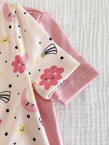 4pcs Baby Girls' Minimalist Cute Pink & Beige Star, Moon, Cloud Print Elastic Rib Knit Crew Neck Short Sleeve Top And Pants Snug Fit Pajama Set - Pink - View 3