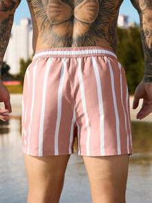 Manfinity Swimmode Men's Casual Striped Print Drawstring Beach Shorts - Multicolor - View 2