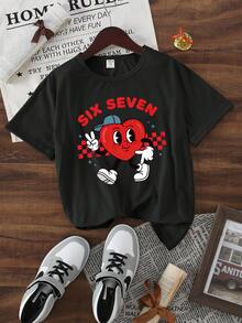 青少年男孩休闲时尚创意个性化清新高端简约爱心卡通图案棒球帽，格子星星数字67字母标语印花休闲基础款短袖T恤，舒适，适合情人节氛围 - 黑色 - 查看 4