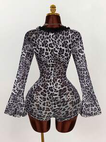 Amplova 女士复古豹纹透视低胸性感连体衣 - 深灰色 - 查看 2