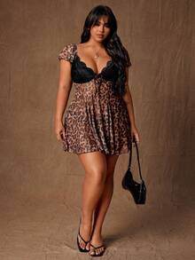 Rustia Elegant Sexy Lace Leopard Print Sheer Fitted A-Line Mini Dress, Cute Plus Size - Coffee Brown - View 1
