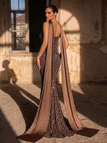 Aureia 女士优雅奢华珍珠亮片美人鱼尾设计吊带长裙，适合婚礼、派对、度假、晚宴、正式晚装（重工装饰） - 咖啡棕 - 查看 4