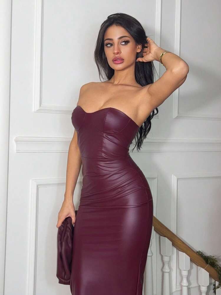 Ronhire Women's Fashionable Sexy Solid Color Bandeau Fitted Dress Bustier Dress Strapless Midi Dress Long Strapless Dress Faux Leather Dress Fall Dresses For Women Christmas Dress Business Casual Woman Office Outfits For Women Women's Autumn Clothing, Women's Autumn Clothing, Women's Winter Clothing, Women's Office Clothing, Women's Work Clothing, Work Clothing, Women's Office Clothing, Women's Office Clothing. Suitable For Daily Dating, Night Out, Nightclubs, Parties, Gatherings, Back To School Season,Prom Dress,Fall Wedding Guest Dress - Red - View 3