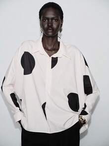 Lumivelle 女士休闲撞色印花蝙蝠袖衬衫，春秋季 - 杏色 - 查看 5