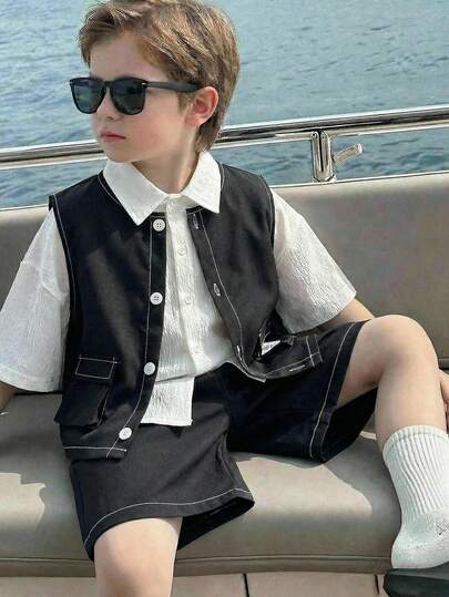 3pcs/Set Young Boy Korean Style Casual Collared Short Sleeve Shirt, Contrast Stitching Loose Vest, And Elastic Waist Shorts Set, Suitable For Commuting, School, Daily Leisure
