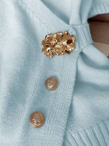 GlowEve 蓝色独特设计V领长袖金属纽扣针织开衫，腰部收紧不对称纽扣设计，优雅女士款，春夏款 - 彩色 - 查看 4