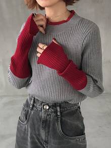 FRIFUL Áo len nữ cổ cao, tay dài, dáng rộng, phối màu tương phản, thích hợp mặc mùa thu. - Xám - Xem 5