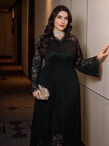 Modelyn Spitze, zart, intellektuell, sexy, romantisch, elegant, damenhaft, göttlich, schwarzes Langarm-Patchwork-Spitzenkleid mit Spitzeneinsätzen, figurbetontes Große Größen Kleid für Frauen - Schwarz - Übersicht 8