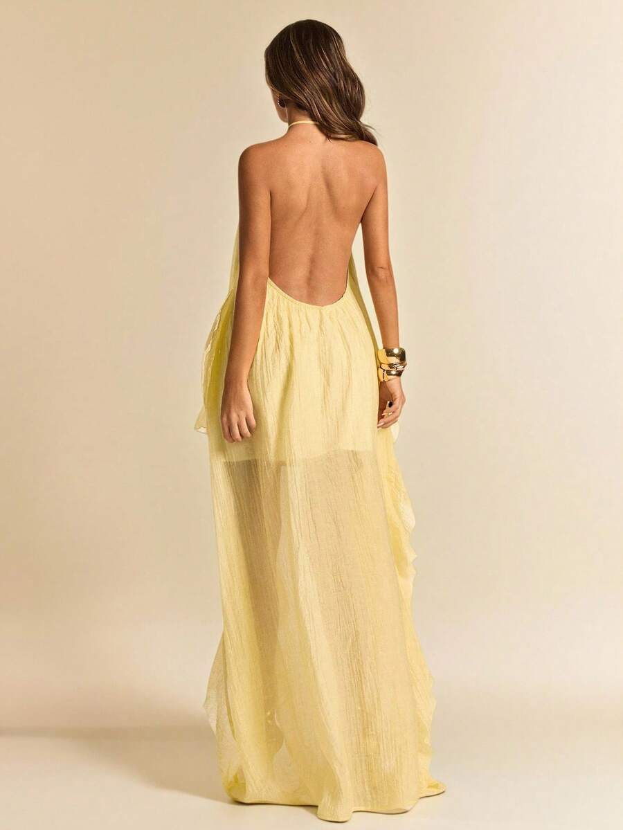SHEIN BAE 黄色不对称肩部荷叶边下摆长款沙滩连衣裙，夏季度假连衣裙 - 黃色 - 查看 1