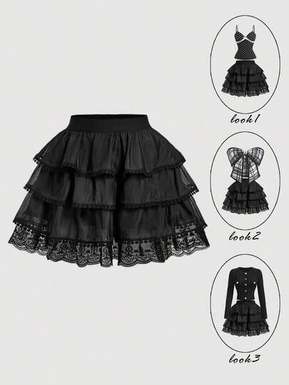 SHEIN MOD Vintage Elegant Black Organza Multi-Layered Cake Skirt With Lace Trim – Perfect For Vacation, Date, Picnic, Party, Prom, Festival, And Birthday; Romantic Vintage Court Style Black Ruffle Skirt Layered Skirt Black Skirt Mini Gothic Skirt Black Skirts, Valentine's Day, Carnival Costume
