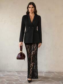 SHEIN Tall 女士优雅宽松双排扣长袖西装外套和喇叭蕾丝裤套装，春秋季黑色套装 - 黑色 - 查看 1