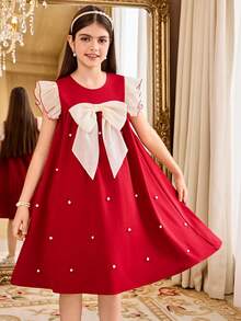 SHEIN 少女撞色蝴蝶结装饰荷叶袖A字连衣裙，圆领荷叶袖连衣裙 - 紅色 - 查看 3