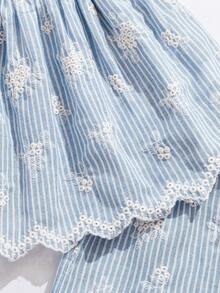 Sparklyn Tween Girl Embroidered Striped Ruffle Trim Top And Shorts Cute Set - Blue - View 8