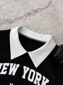 SHEIN 少女撞色 Polo 领罗纹针织修身迷你连衣裙，字母印花 - 黑與白 - 查看 3