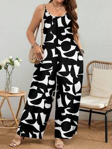 EMERY ROSE Plus Size Abstract Black & White Geometric Print Jumpsuit Spring - Multicolor - View 3