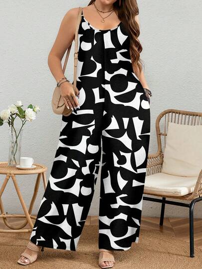 EMERY ROSE 大码抽象黑白几何印花连体裤