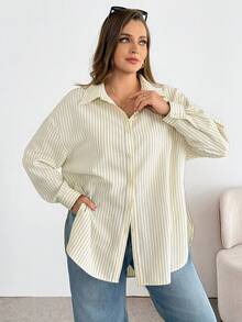 SHEIN Essnce Áo sơ mi dài tay kẻ sọc cài cúc, kiểu dáng rộng rãi thoải mái, cơ bản, đa năng, tôn dáng dành cho nữ, thích hợp mặc hàng ngày, thời trang xuân/hè, dành cho nữ, kiểu dáng rộng, đơn giản, thích hợp cho mùa xuân. - Màu vàng - Xem 4