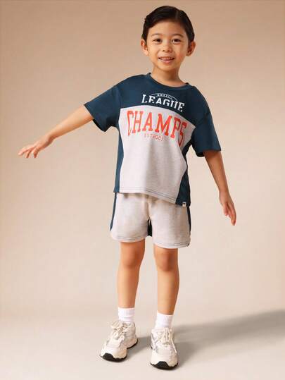 SUMWON Boys Color Block Oversized T Shirt And Shorts Set With League Champs Print Casual Summer Outfit
