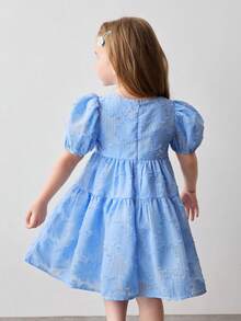 Maija Kids Vestido casual y cómodo con cuello redondo, mangas abultadas y cintura ceñida, con estampado floral y unicolor para niña - Azul - Ver 2