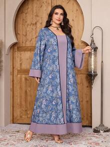 Al Najma Plus Size Women's Contrast Color Paisley Print Flare Sleeve Loose Bohemian Style Dress, Spring/Autumn - Multicolor - View 5