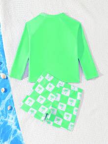 两件套男童泳衣套装，沙滩度假分体泳衣 - 綠色 - 查看 2