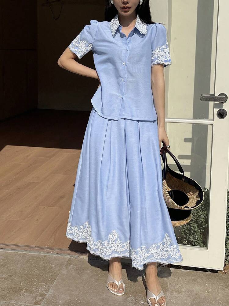 Women's Elegant Lace Patchwork Shirt And Skirt 2 Pieces Set, Spring/Summer,Wedding Guest Dress Women