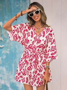 Vivid Eden 女士V领交叉腰带系带荷叶边纹理面料休闲度假连体衣 - 粉色 - 查看 5