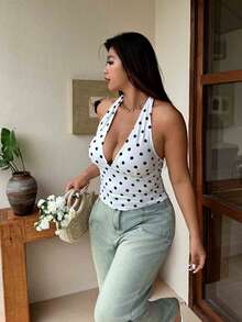 SHEIN EZwear 大码波点印花系带露背无袖上衣 - 黑與白 - 查看 7