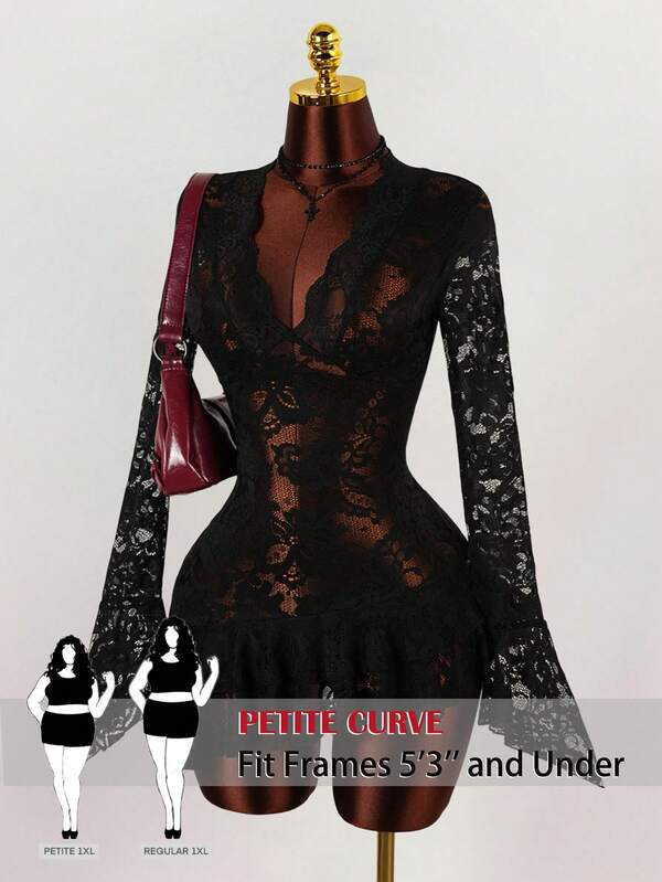 SHEIN PETITE CURVE Plus Size Women Floral Lace Deep V Flare Sleeve Sexy Dress