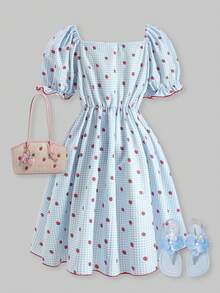 SHEIN ChillGRL Váy in họa tiết dâu tây tay bồng xòe thanh lịch ngọt ngào cho bé gái tuổi teen mùa hè, thích hợp cho kỳ nghỉ, tụ tập cùng bạn bè - Màu xanh nhạt - Xem 2