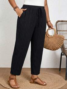 SHEIN Frenchy 大码纯色休闲裤，松紧腰带，斜插口袋 - 黑色 - 查看 1