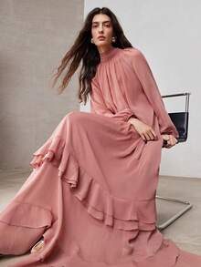 ZEYLAH Romantic Ruffled Hem Oversized Long Dress, Spring - Dusty Pink - View 1