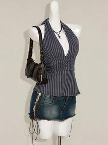 SHEIN ICON Halter Deep V-Neck Cinched Waist A-Line Backless Striped Tank Top - Grey - View 6