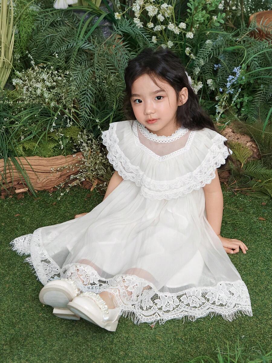 DAZY 女童（小号）蕾丝韩版休闲圆领荷叶边连衣裙 - 白色 - 查看 1