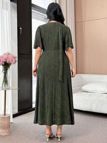 Feyla Plus Size Women's Elegant V-Neck Long Dress - Army Green - View 2