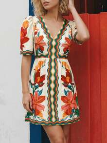 CAJUNI Short-Sleeve Dress Adorned With Watercolor Floral Prints - Multicolor - View 4