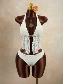 Zestiva Bộ đồ bơi tankini 3 món dành cho nữ mùa hè, kiểu dáng thường ngày, trang trí vỏ sò kim loại, phối ren và buộc dây phía trước. - trắng - Xem 6