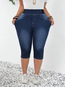 SHEIN Tall CURVE 春夏大码女式舒适高弹面料弹性腰带口袋休闲修身七分牛仔裤 - 深色水洗藍 - 查看 5