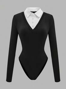 Glimmora Women's Casual Long Sleeve 2 In 1 Bodysuit, Suitable For Daily Wear, Commuting, Workplace, Spring/Autumn - Black - View 3