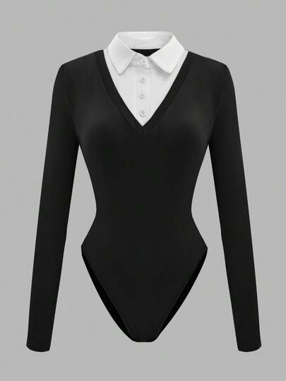 Glimmora Women's Casual Long Sleeve 2 In 1 Bodysuit, Suitable For Daily Wear, Commuting, Workplace, Spring/Autumn