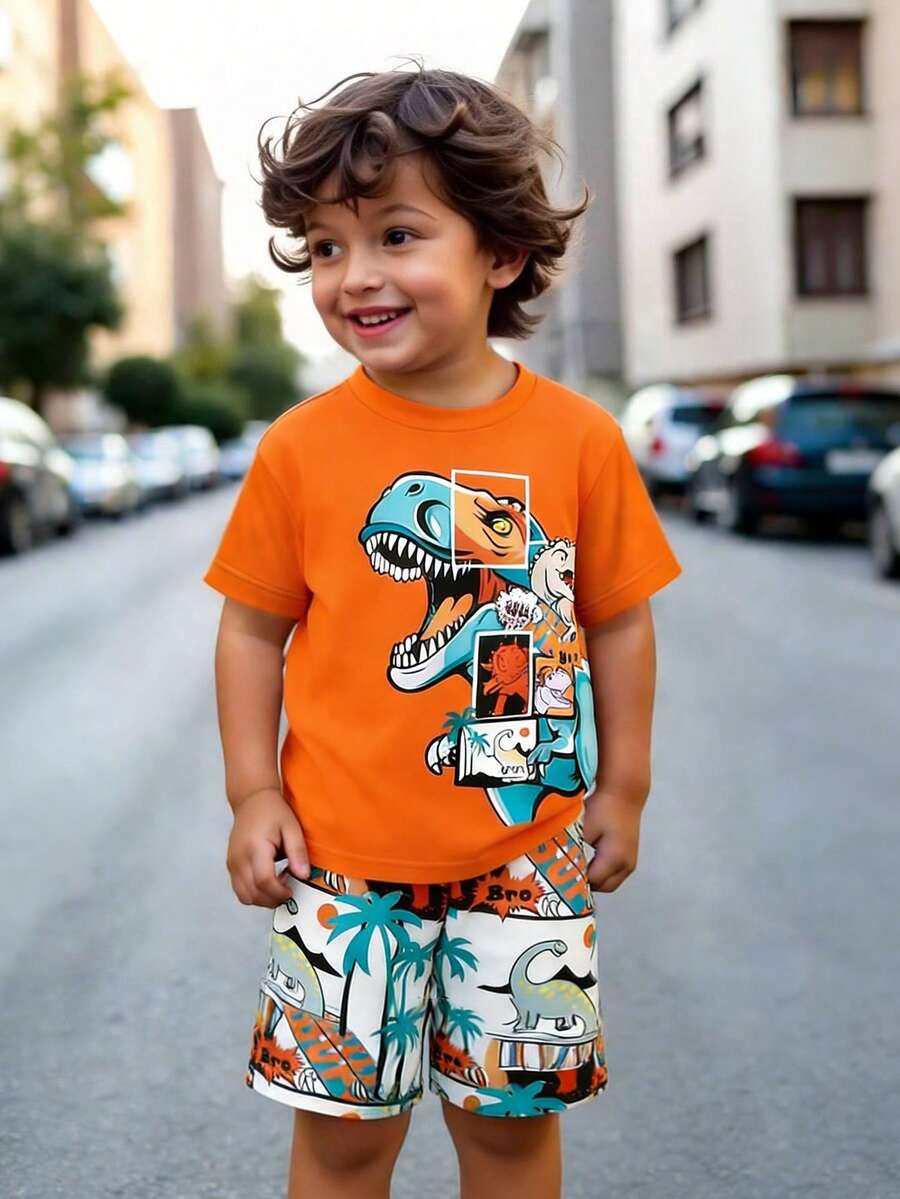 两件套幼儿男童休闲恐龙印花T恤短裤套装，春夏装，橙色底色搭配创意图案，舒适日常穿着