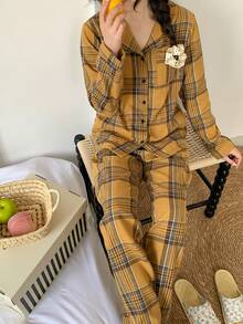 Bộ đồ đôi kẻ caro cổ điển dành cho nữ tuổi teen, màu nâu, kiểu dáng thoải mái, gồm áo tay dài cổ bẻ và quần dài. - Màu vàng - Xem 6
